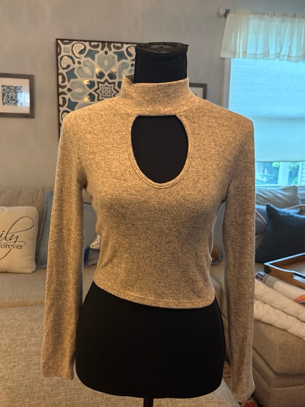 Acemi Beige Mock Neck Long-Sleeve Top with Front Keyhole